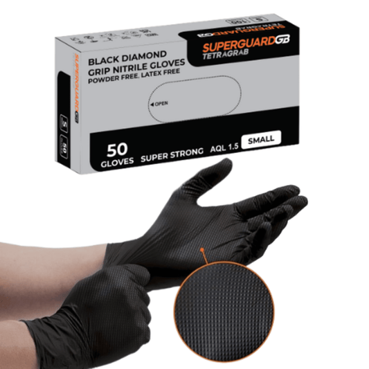 Superguard GB Black Disposable Diamond Grip Heavy Nitrile Tetragrab Gloves Box Of 50 AQL 1.5